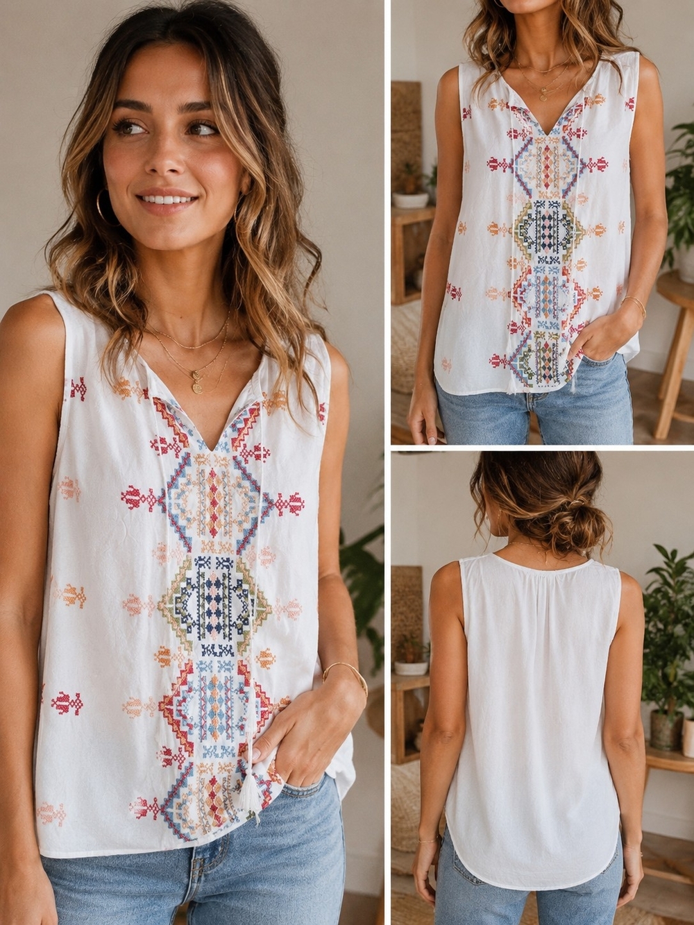 Women’s White Embroidered V-Neck Camisole with Multicolor Accents